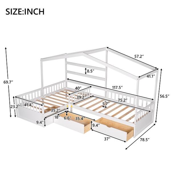 Solid Construction L-Shaped Platform Bed Twin Size House Platform Bed with Three Storage Drawers