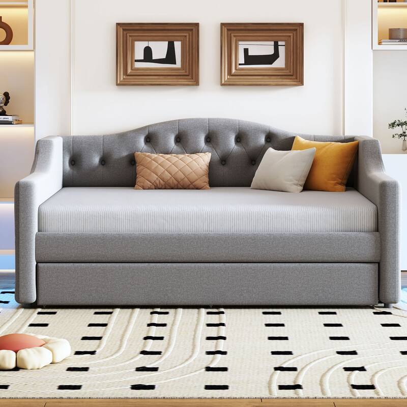 Full XL Size Upholstered Daybed with Linen Cover Backrest & Trundle, Wood Sofa Bed Frame with LED Lighting, No Box Spring Needed