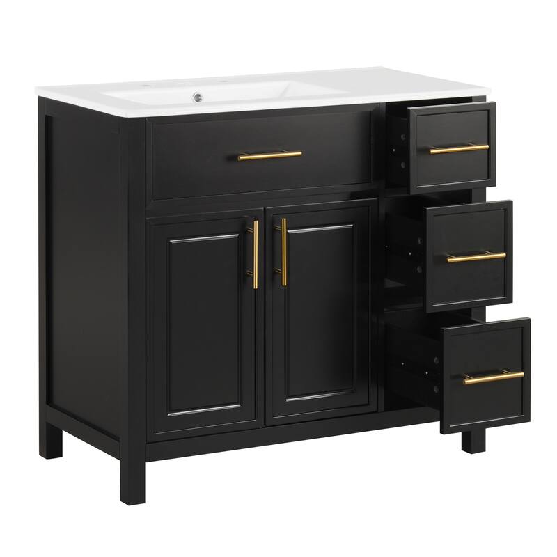 36" Bathroom Vanity with Sink Top,Bathroom Vanity Cabinet with Two Doors and Three Drawers,Solid Wood,MDF Boards,One Package
