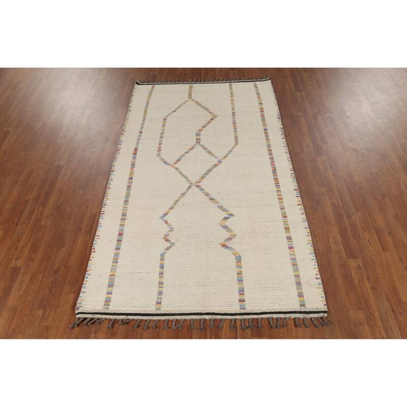 Ivory Moroccan Area Rug Hand-Knotted Stripe Wool Carpet - 4'11"x 8'8"
