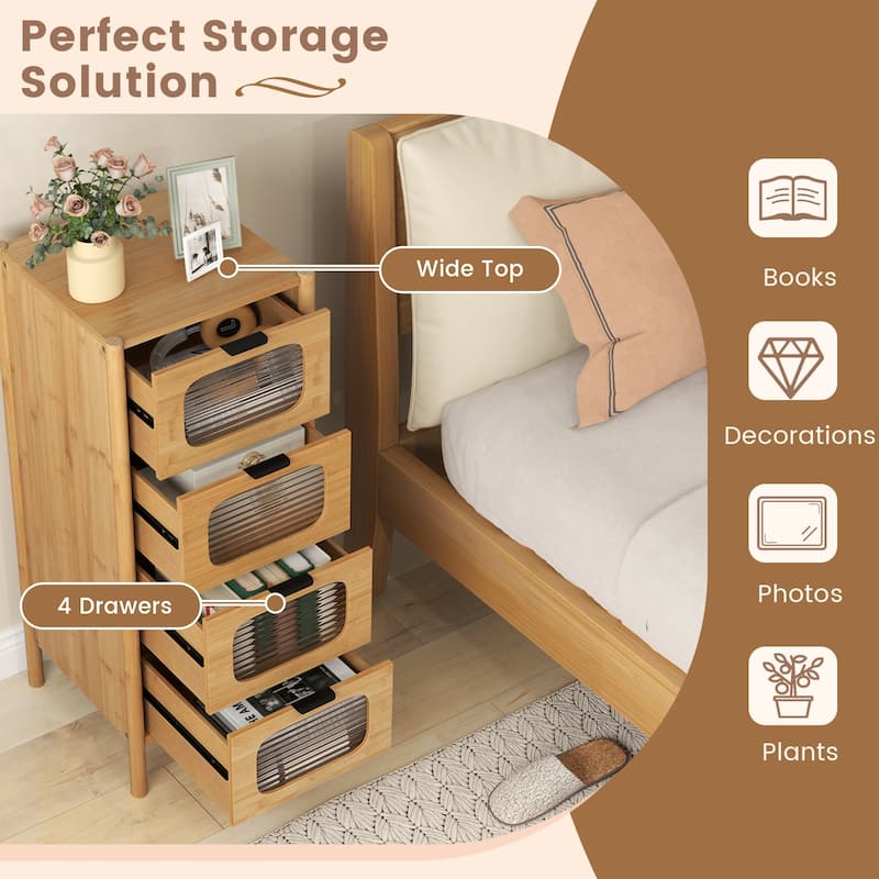 Stylish Natural Wicker Storage Chest with 4 Tempered Glass Drawers and Metal Pull Handles - 16" x 16" x 38"