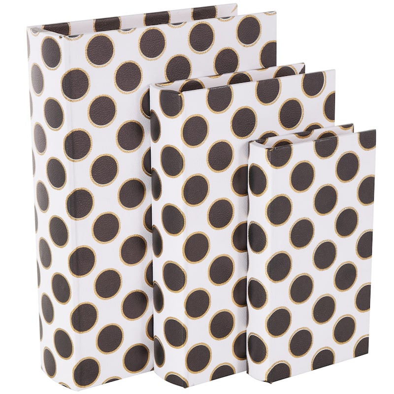 Faux Leather Polka Dot Faux Book Storage Box with Black and Metallic Gold Accents - Set of 3 White - Roche River Decor - White