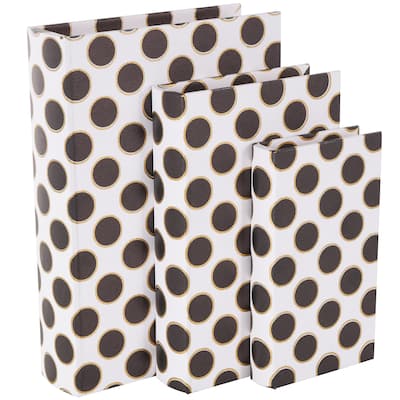Faux Leather Polka Dot Faux Book Storage Box with Black and Metallic Gold Accents - Set of 3 White - Roche River Decor