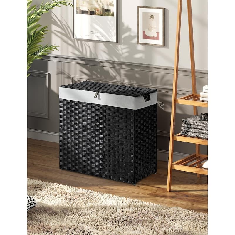 Laundry Hamper with lid,110L Wicker Laundry Baskets Foldable 2 Removable Liner Bags,2 Section Clothes Hamper Handwoven Rattan