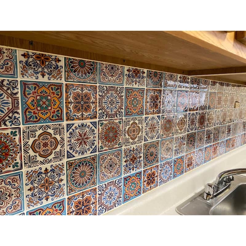 Art3d 11.8''X11.8'' Peel and Stick Backsplash Tile Stickers, Colorful Talavera Mexican Tile,(10 Sheets)