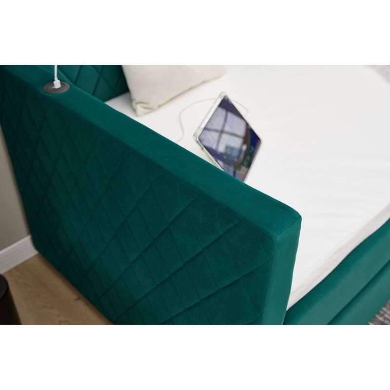 Twin Size Upholstered Daybed with Trundle, Velvet Sofa Bed with USB Port & Side Pockets, Modern V-Grained Backrest Guest Bed