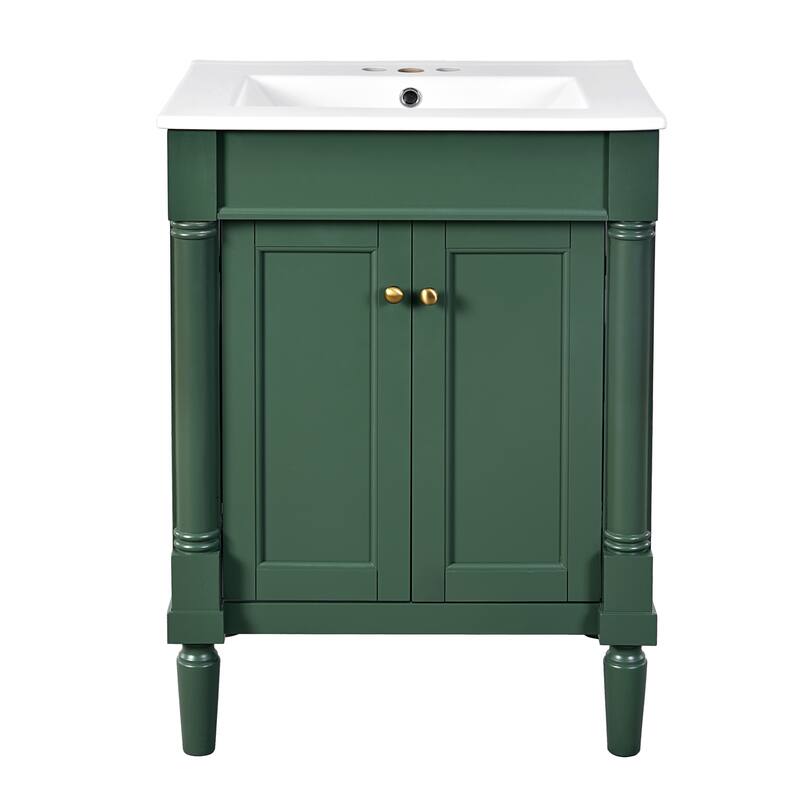 24 Inch Bathroom Vanity with Ceramic Top Sink, Freestanding Single Sink Vanity with Storage Shelves, Modern Style