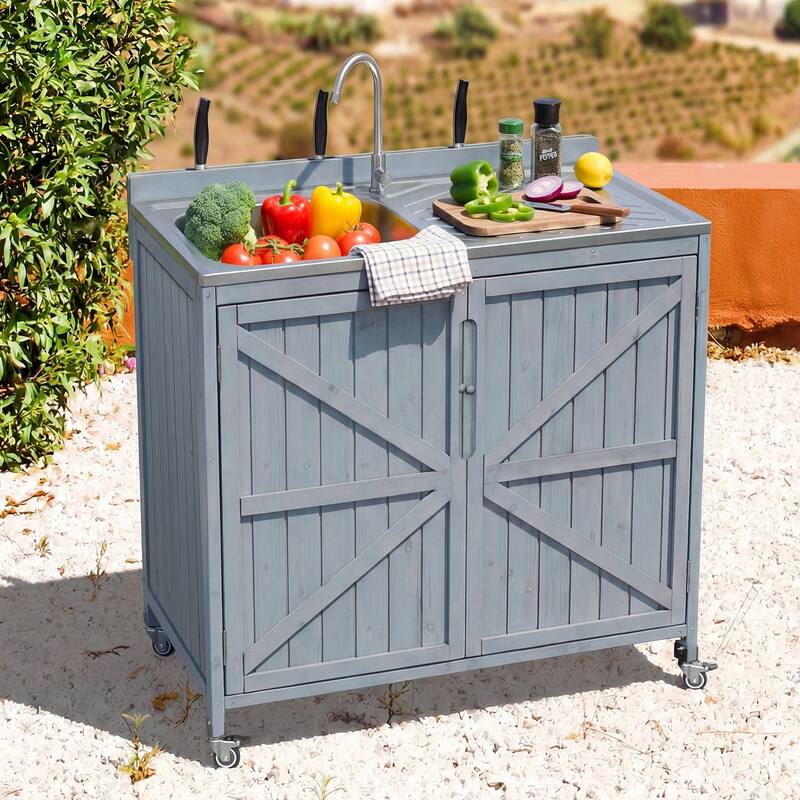 39.4" Outdoor Kitchen Island with Sink, Outdoor Kitchen Sink Station w/ 304 Stainless Steel Sink, Hose Hook Up & Faucet