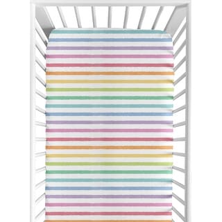 Sweet Jojo Designs Pastel Rainbow Striped Girl Fitted Crib Sheet Purple Pink Orange Yellow Sage Turquoise Blue Watercolor Stripe