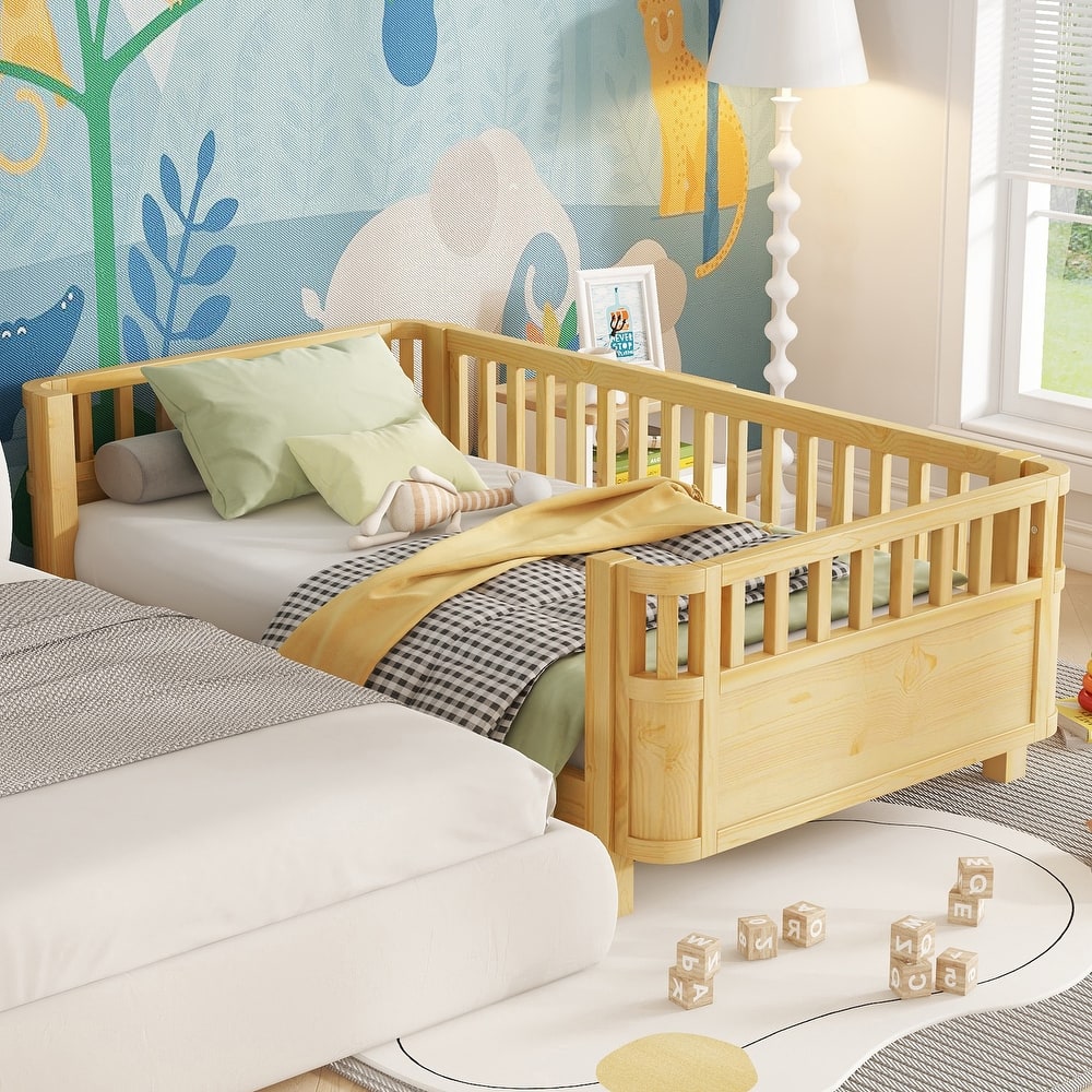 Toddler Platform Bed with Fences Headboard Footboard and Removable Side Rails for Kids, Girls and Boys Wooden Daybed