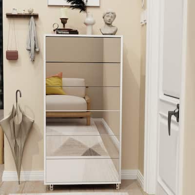 Mirror Shoe Cabinet with 6 Flip-Down Drawers, Storage Organizer with Hand-Touch Door and Metal Legs