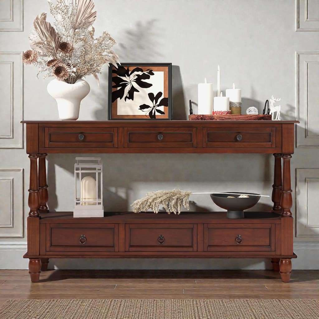 Solid Wood Console Table with 6 Drawers and Shelf, 54 Inch Vintage Entryway Sofa Table