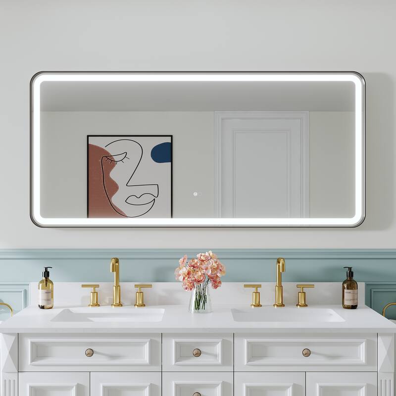 Wall Mounted Bathroom Framed LED Mirror With Anti- Fog,Memory Function And Dimmable Light Touch Sensor - 60"Wx28"H - Matte Black