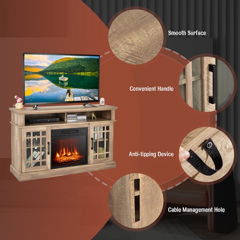 48 Inch Electric Fireplace TV Stand with 2 Side Cabinets and 2 Open Shelves - 48" x 16" x 30" (L x W x H)