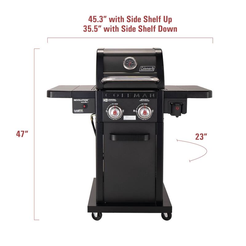 Coleman Revolution 2-Burner Gas BBQ Grill w/ 440-Sq. In. Total Cooking Surface, 2 Side Shelves, Flare-Free Grates, Black