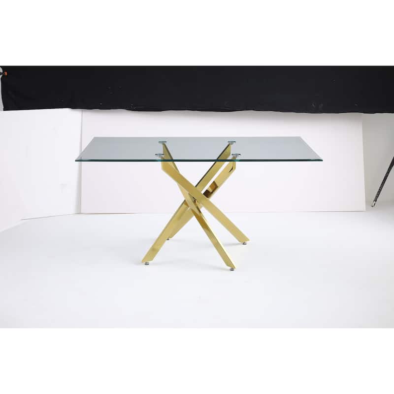 Modern rectangular tempered glass tabletop with a golden iron frame