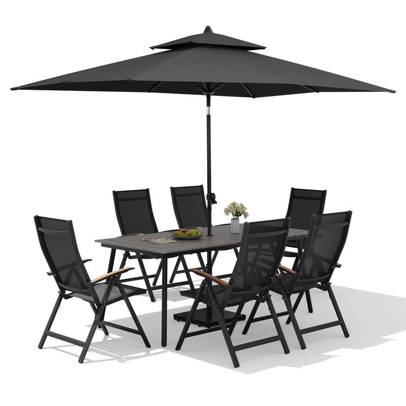9PC Outdoor Patio Dining Set WoodLike Aluminum Umbrella Hole Table with Folding Chairs,Double Top Market Umbrella and Wheel Base