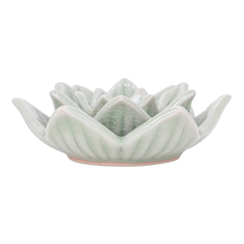 Novica Handmade Lotus Flower Celadon Ceramic Candle Holder