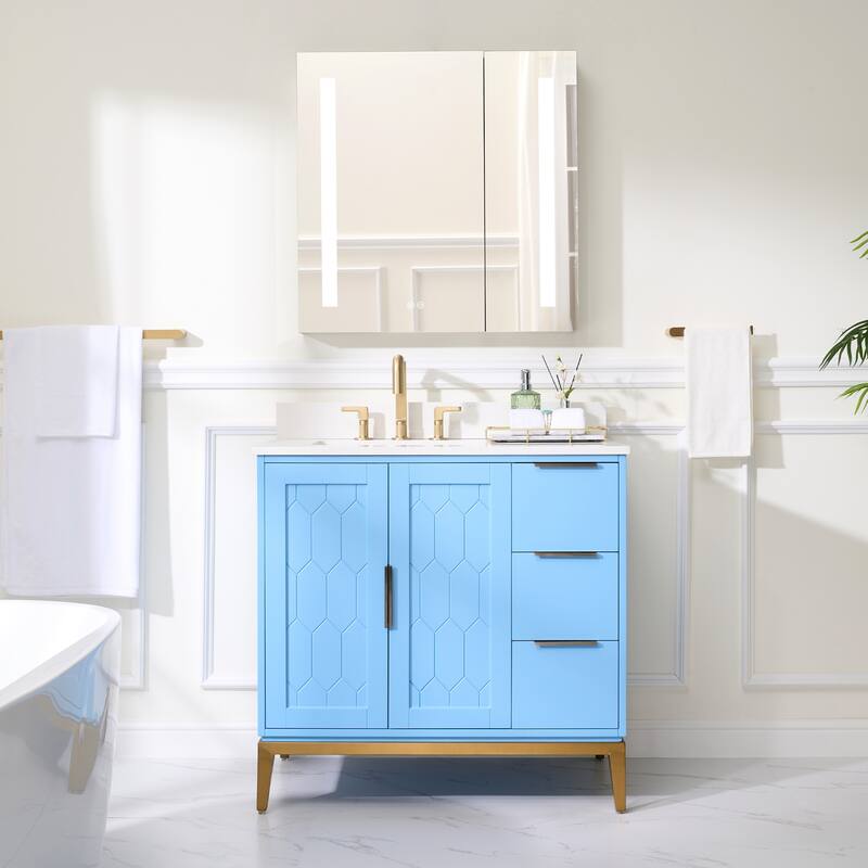 35''H Solid Wood Bath Vanity with Stain-resistant Carrera White Quartz Top and Sink - 36''Wx35''H - Light Blue