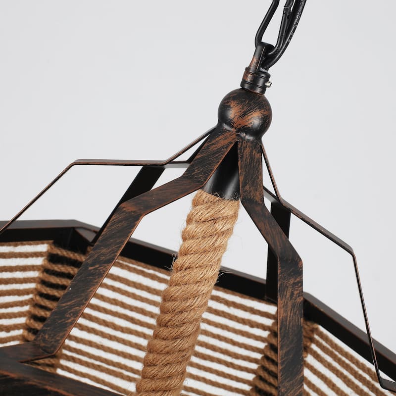 3-Light Farmhouse Lantern-style Chandelier with Hemp Rope for Living Room
