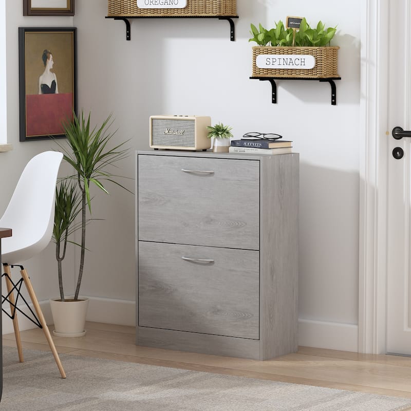 Kerrogee Grey Wood 12-Pair Shoe Storage Cabinet w/ 2 Fold Drawers