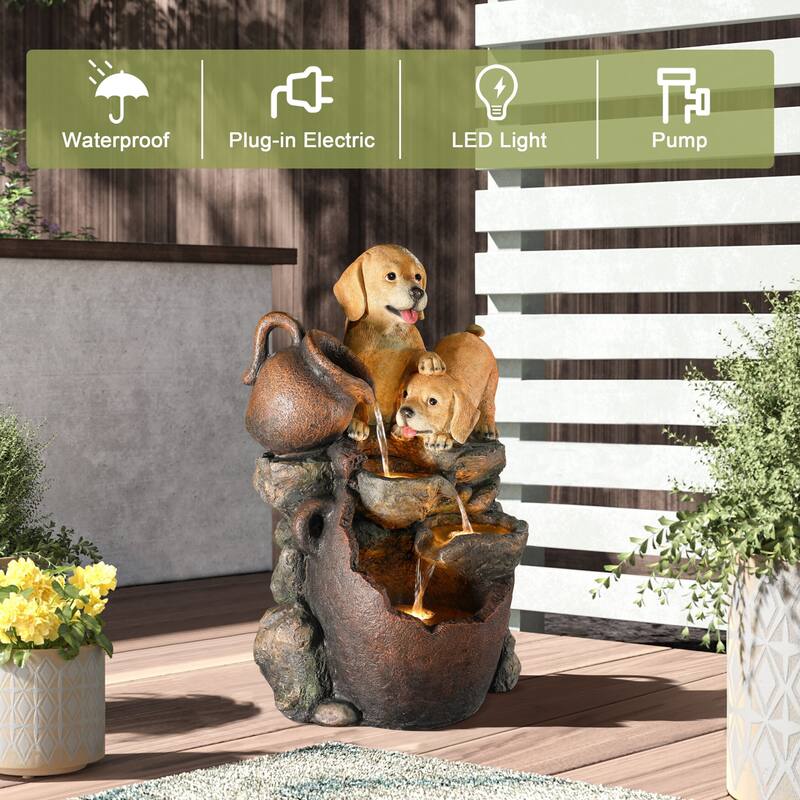 Puppy Friends Farmhouse Resin Outdoor Fountain with Lights