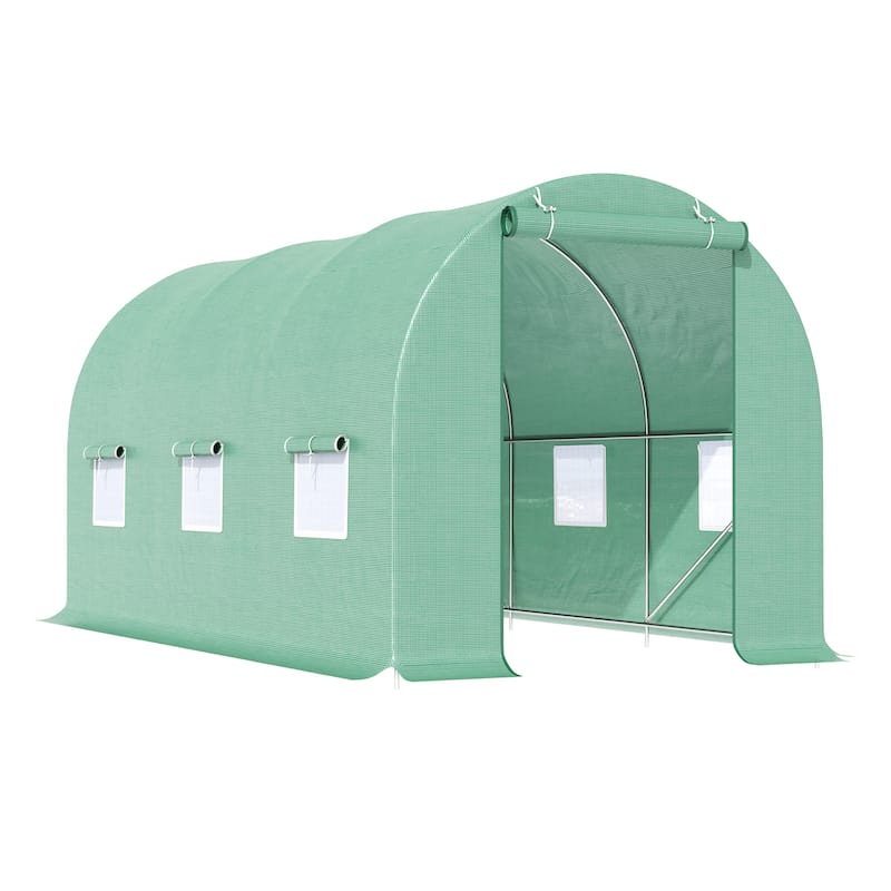 15' x 6' x 7' Walk-in Tunnel Greenhouse Garden Plant Growing House with Door and Ventilation Window, Green - Grow Tent