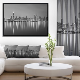 Designart "Chicago Skyline at Night Black and White" Cityscape Framed Canvas Print
