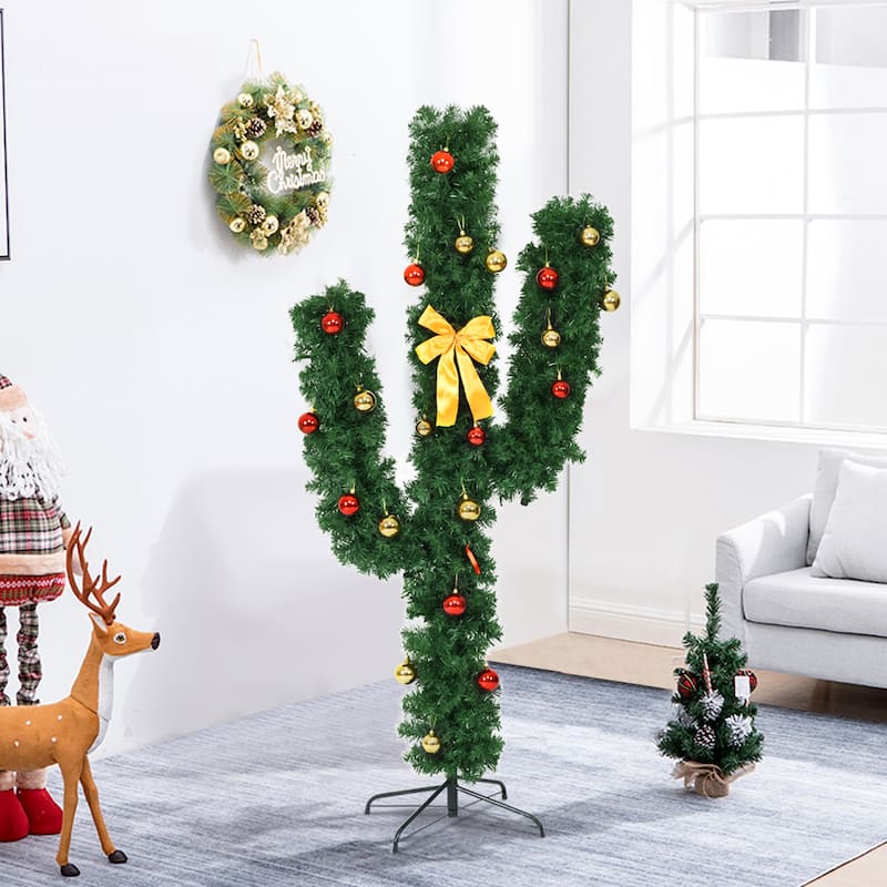 Gymax 5ft Artificial Pre-Lit Cactus Christmas Tree w/ Metal Stand Ball - See Details