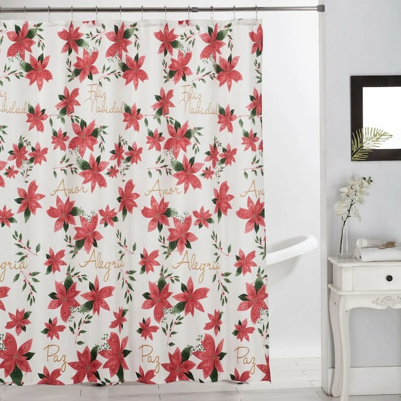 Holiday Shower Curtain 70 x 70 Dobby Printed Christmas Design Bathroom Decor - Poinsettia Feliz Navidad