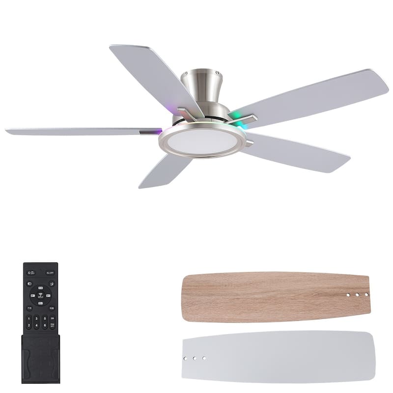 52/54 Inch Flush Mount Low Profile Ceiling Fan with Light,Remote and App Control - 52 Inches - Nickle RGB