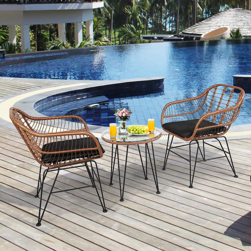 Brown Rattan Steel 3-Piece Patio Bistro Set with Black Cushions and Glass Table - 22.5" x 24" x 31.5"(L x W x H)