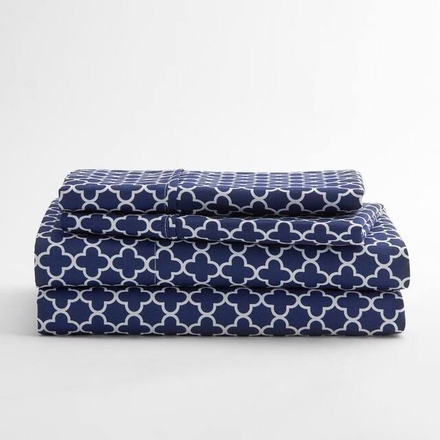 Soft Essentials 4-piece Deep Pocket Quatrefoil Pattern Bed Sheet Set - Queen - Navy