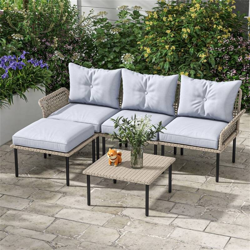 5-Piece Outdoor Patio Furniture Set PE Rattan Chairs Stool and Coffee Table with Cushions for Garden Balcony Porch