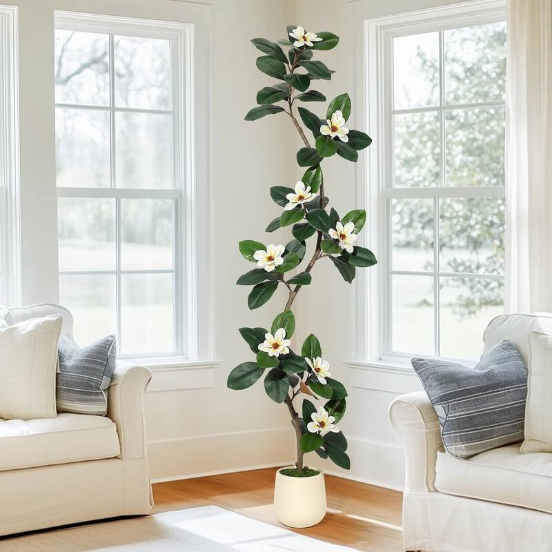 Artificial Faux Rubber Tree with Magnolia Flowers for Home Decor - 7 ft