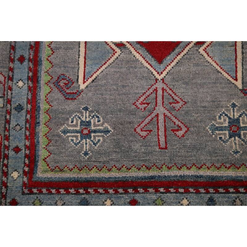 Kazak Accent Rug Hand-Knotted Grey Geometric Wool Carpet - 3'4" x 5'0"