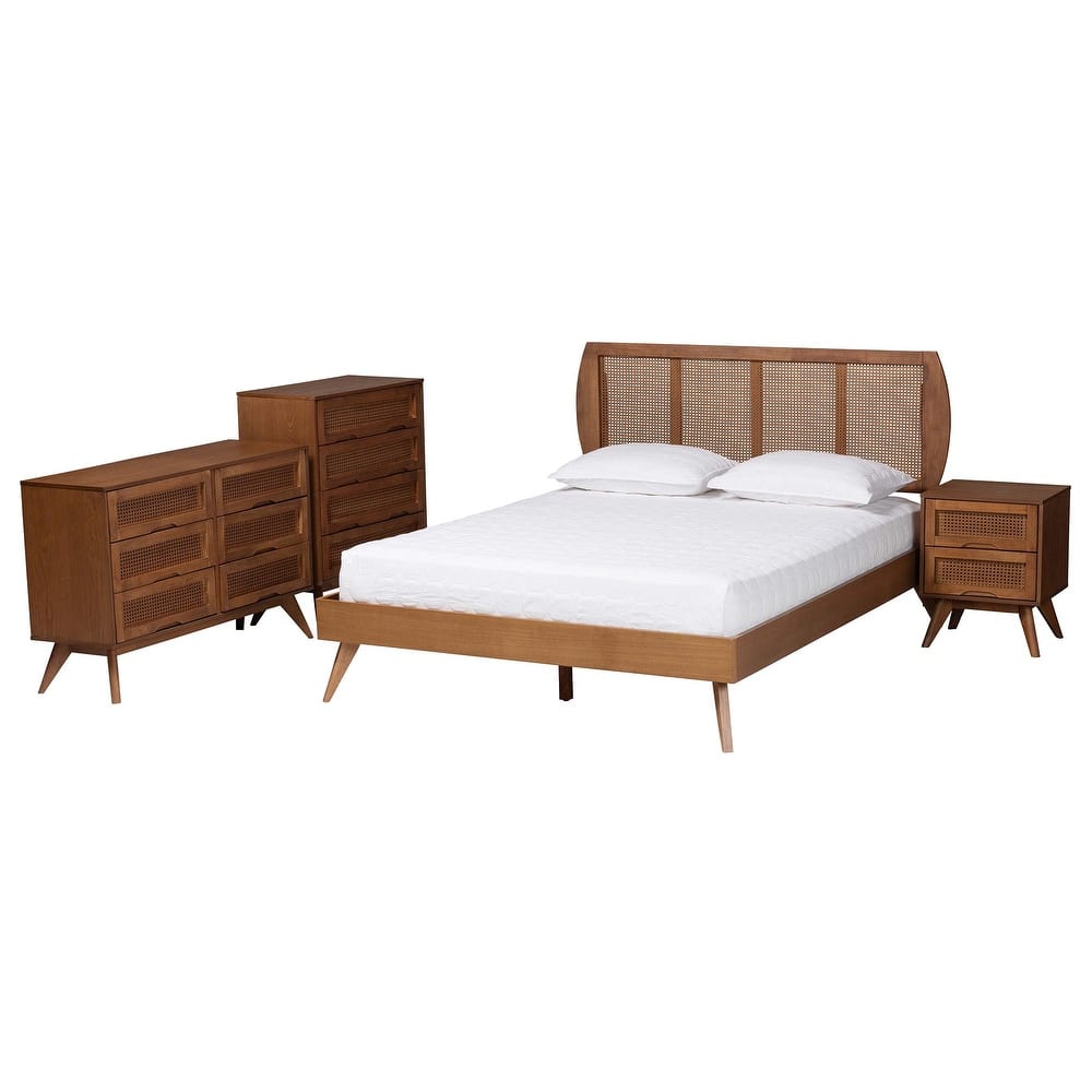 Asami Mid-Century Modern Walnut Brown Finished Wood and Woven Rattan 3-Piece/4-Piece/5-Piece Bedroom Set (Multiple Bed Sizes)