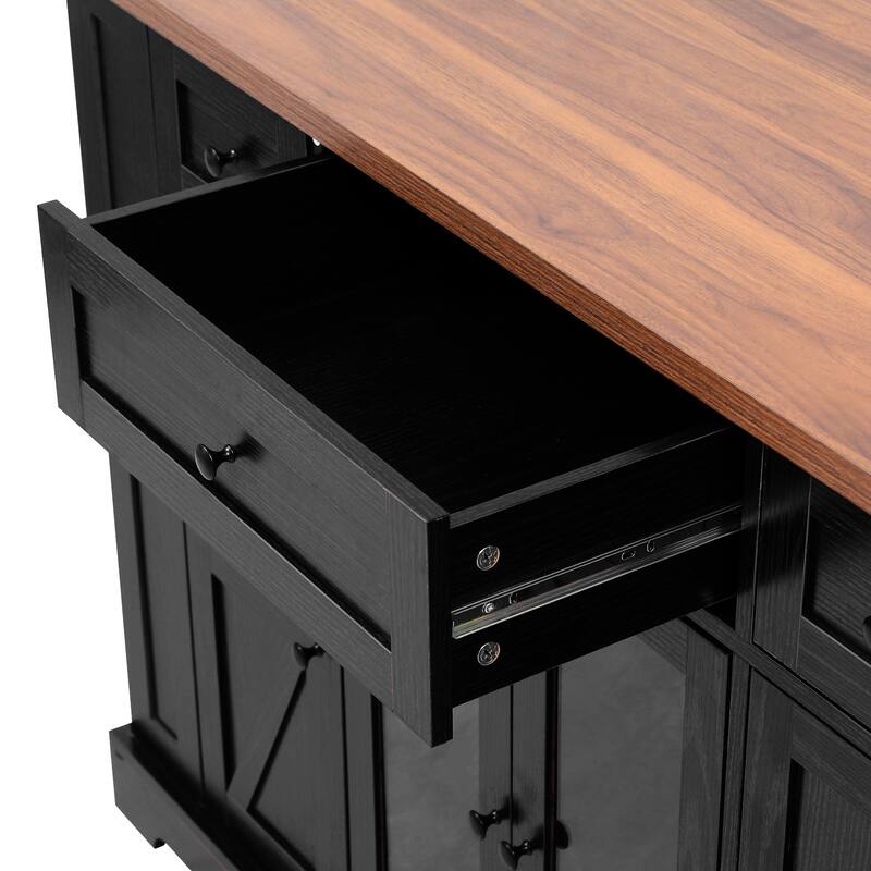 53'' Farmhouse Kitchen Island with Two Tempered Glass Cabinet Doors, Drop Leaf, 5 Open Side Racks and 3 Drawers