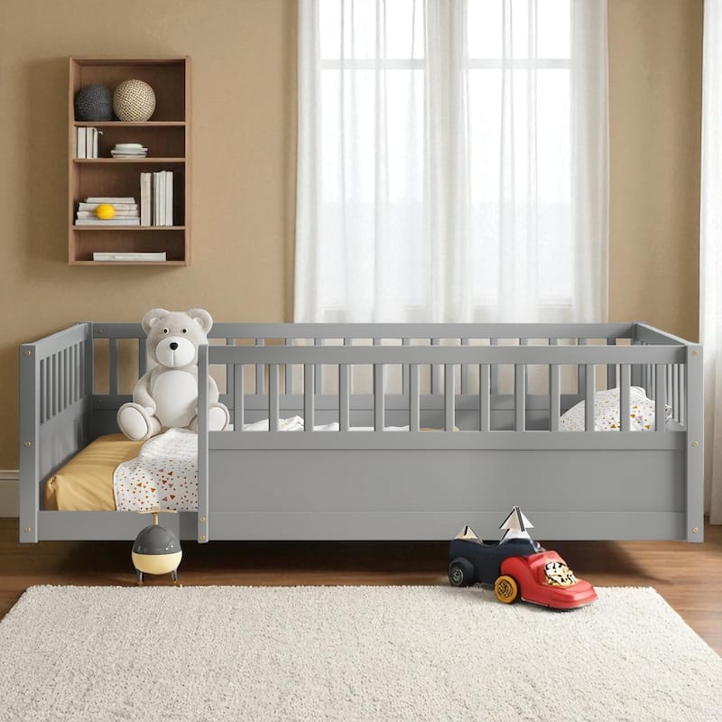 Twin/Full Montessori Floor Bed with High Fence & Open Door, Solid Pine, Playroom/Bedroom, No Box Spring