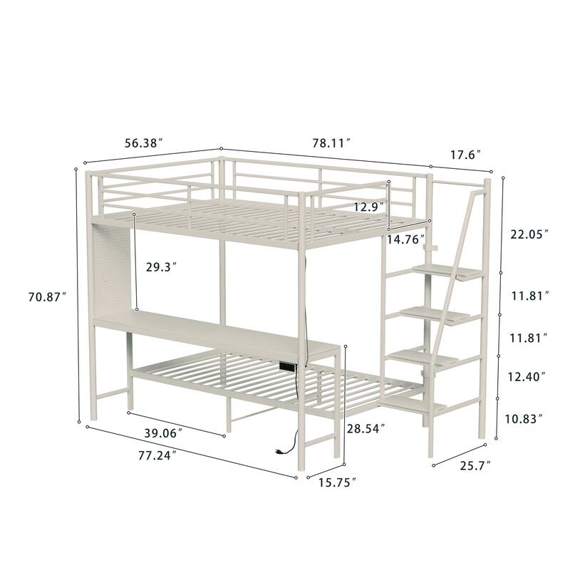 Full Size Loft Bunk Bed with Twin Space, Desk, RGB LED Lights, Charging Station, Storage Shelves and Safety Guardrails