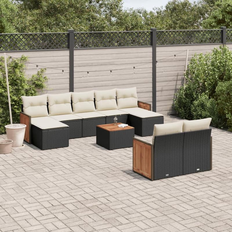 vidaXL Patio Sofa Set with Cushions Outdoor Conversation Furniture Poly Rattan - 21.7 x 21.7 x 14.6 in - Black and cream with table
