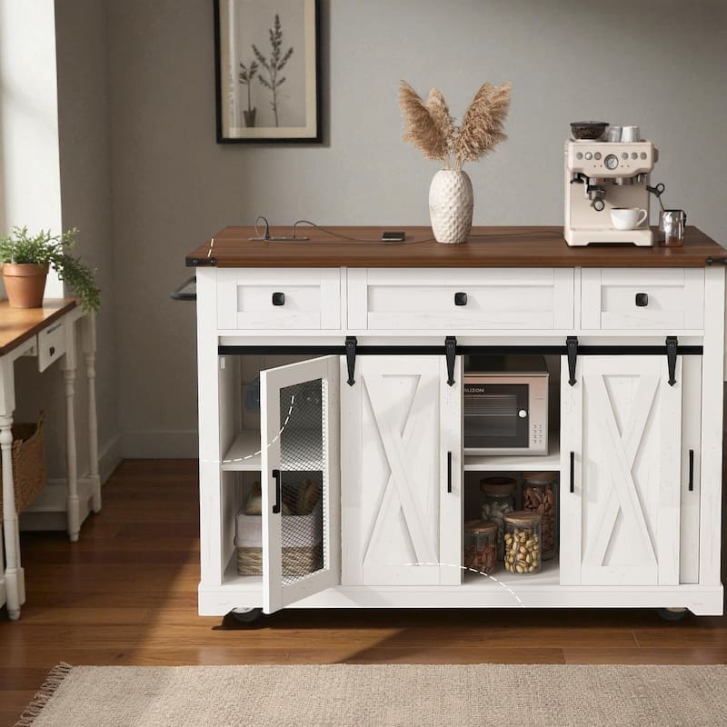 58" Farmhouse Kitchen Island with Drop Leaf, Sliding Barn Door, Power Outlet, and Rolling Storage Cabinets