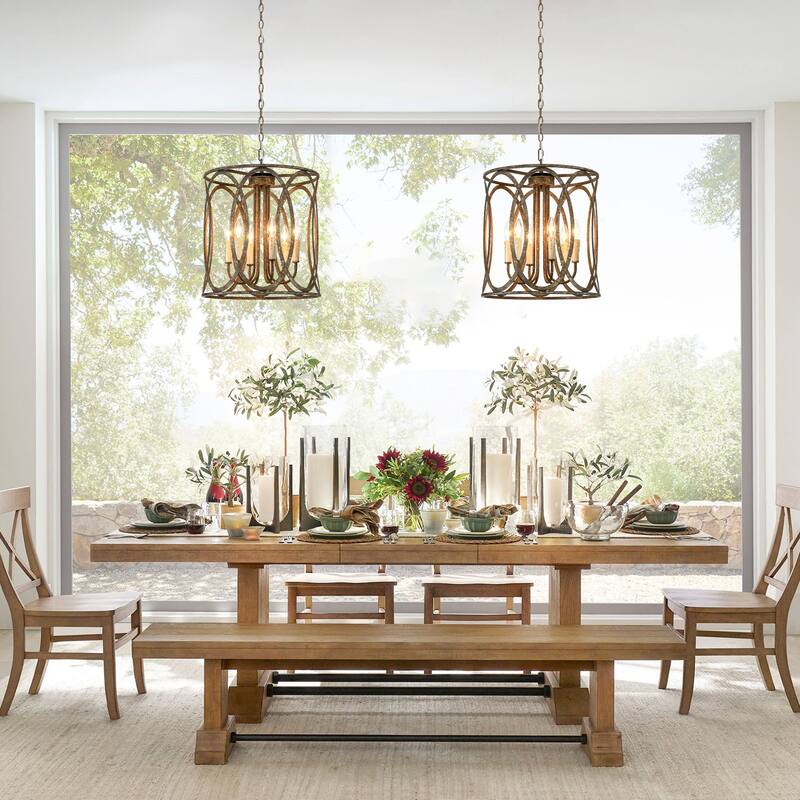 4-light Retro Bronze Rusted Finish Drum/Cylinder Frame Design Chandelier For Use in Kitchen Island, Dining Rooms