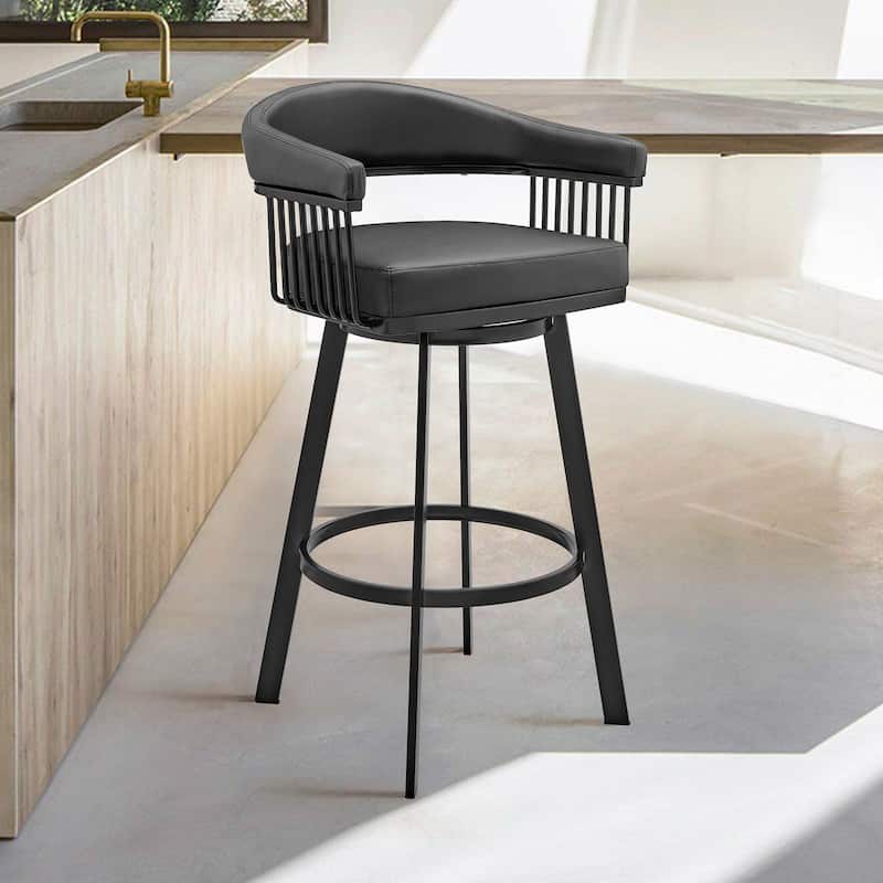 30" Mod Black Faux Leather Black Finish Swivel Bar Stool - 38" x 22" x 21"