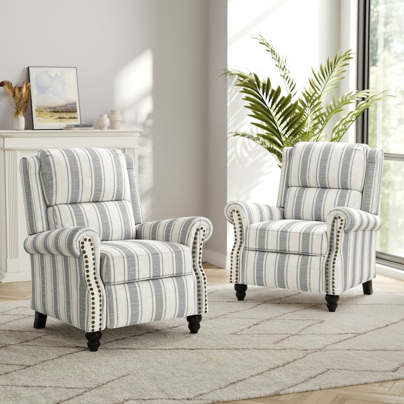 2 Set Nail-head Padded Seat Pushback Recliner Chair - Stripe Grey Linen