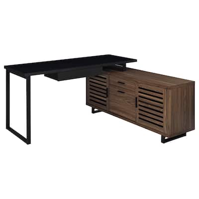 Doxx L Shape Computer Desk, 2 Doors Drawers Black Metal, Walnut Wood
