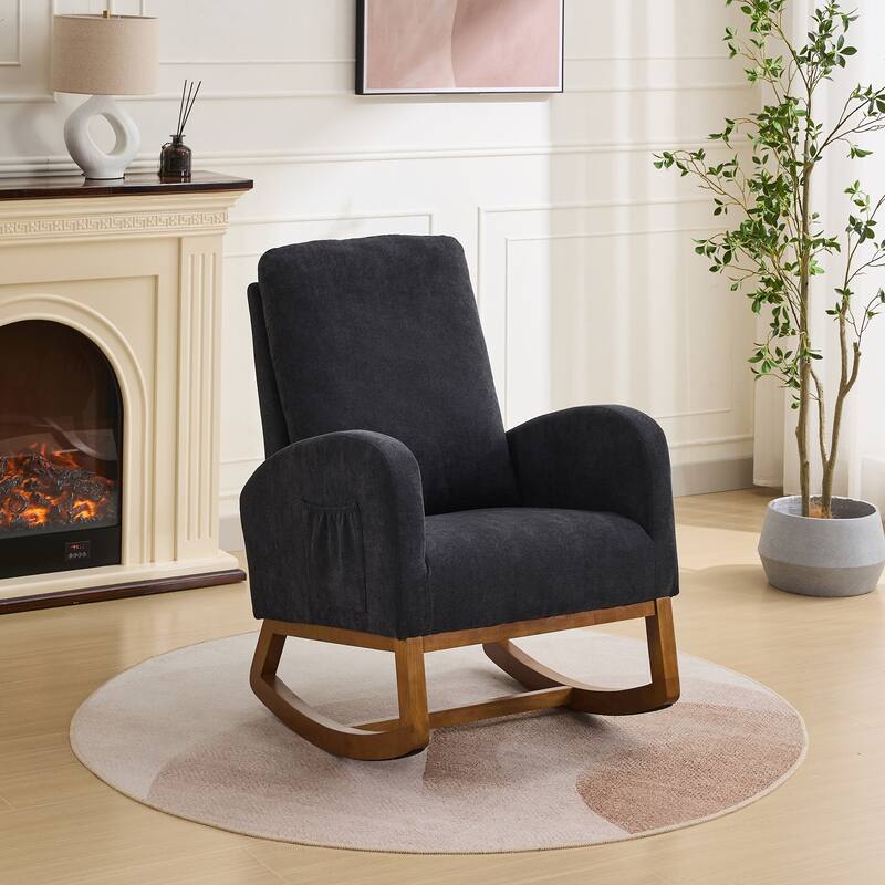 27.2"W Rocking Chair, Polyester Glider Chair with High Back and Side Pocket, Rocking Accent Armchair with Rubber Wood Legs - Black