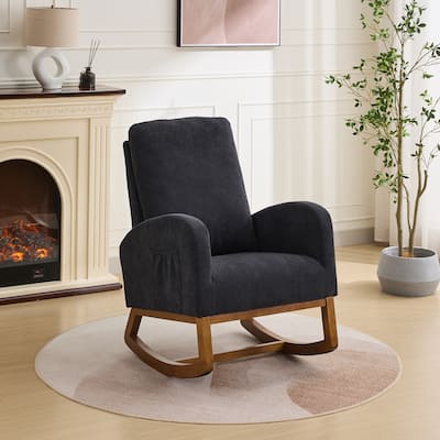 Polyester Glider Chair with High Back and Side Pocket, Rocking Accent Armchair with Rubber Wood Legs for Living Room Bedroom