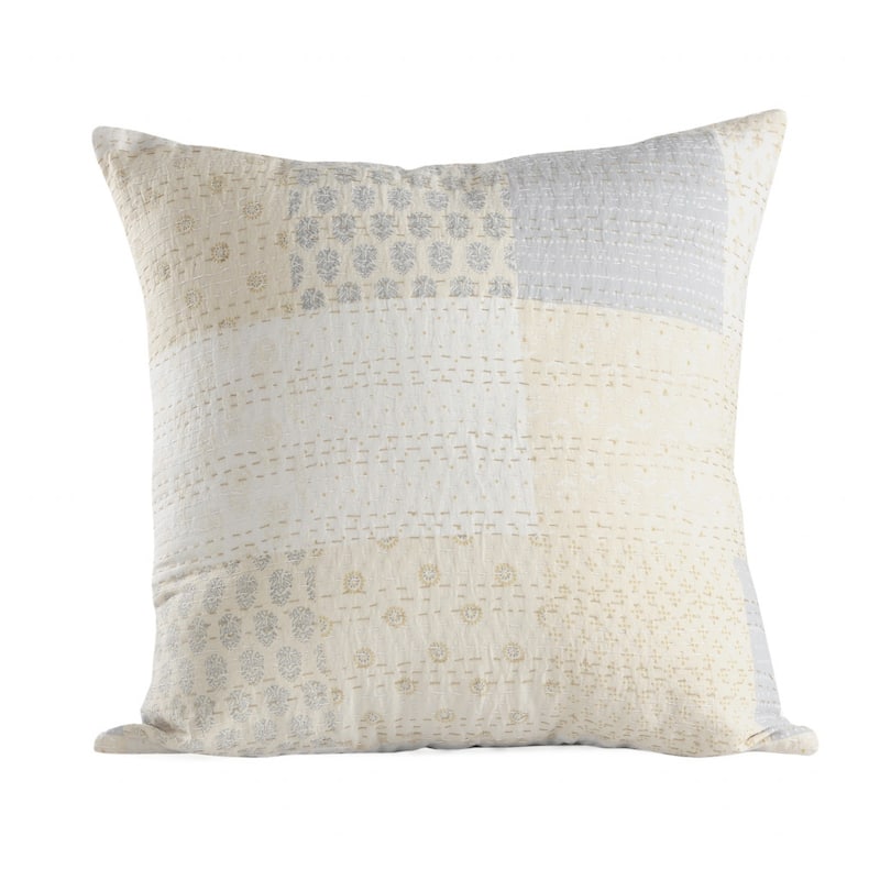 HomeRoots 20" X 20" Beige Gray And Off-White 100% Cotton Patchwork Zippered Pillow