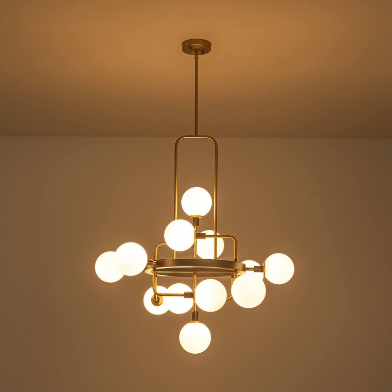 12-Light Modern Glam Geometric Frosted Opal Glass Globe Large Chandelier - 30.71 in. W x 34.25 in. W